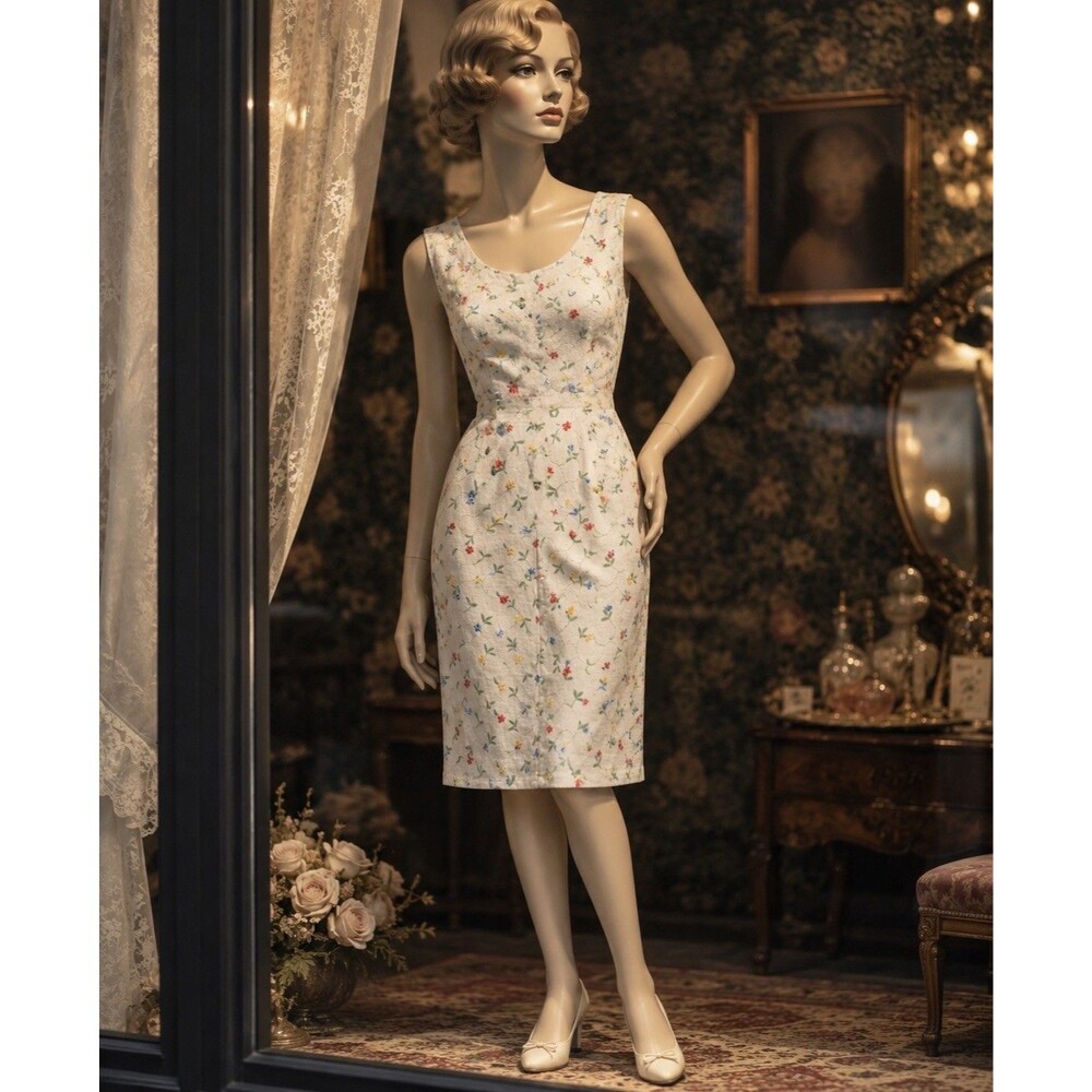 Vintage 1950s Floral Embroidered Wiggle Dress Linen Tanner by Dorothy Cox Floral